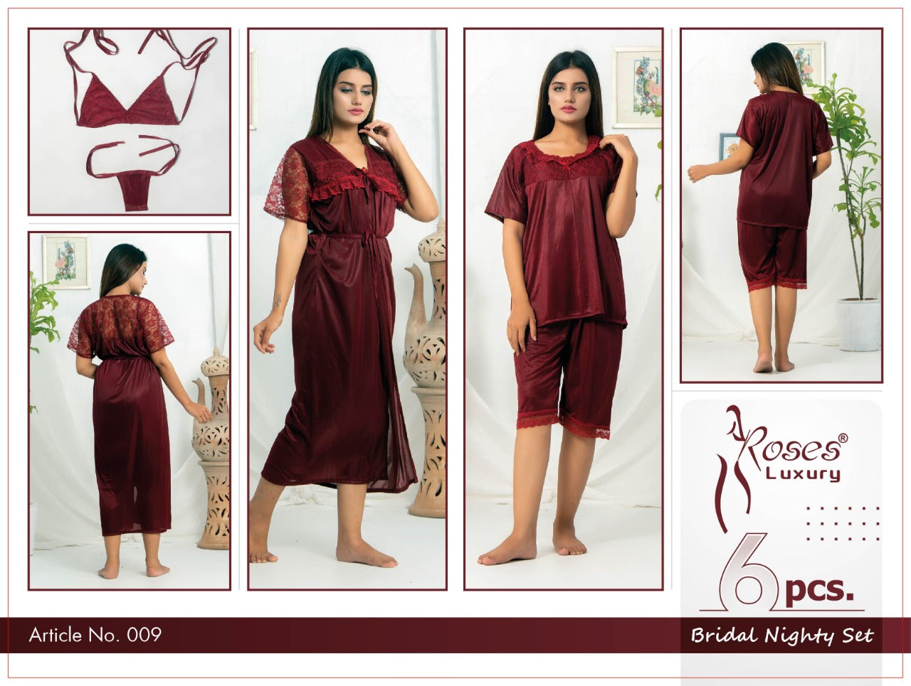 6 Pcs Luxury Nighty with Bikini Short Gown & Shirts Red