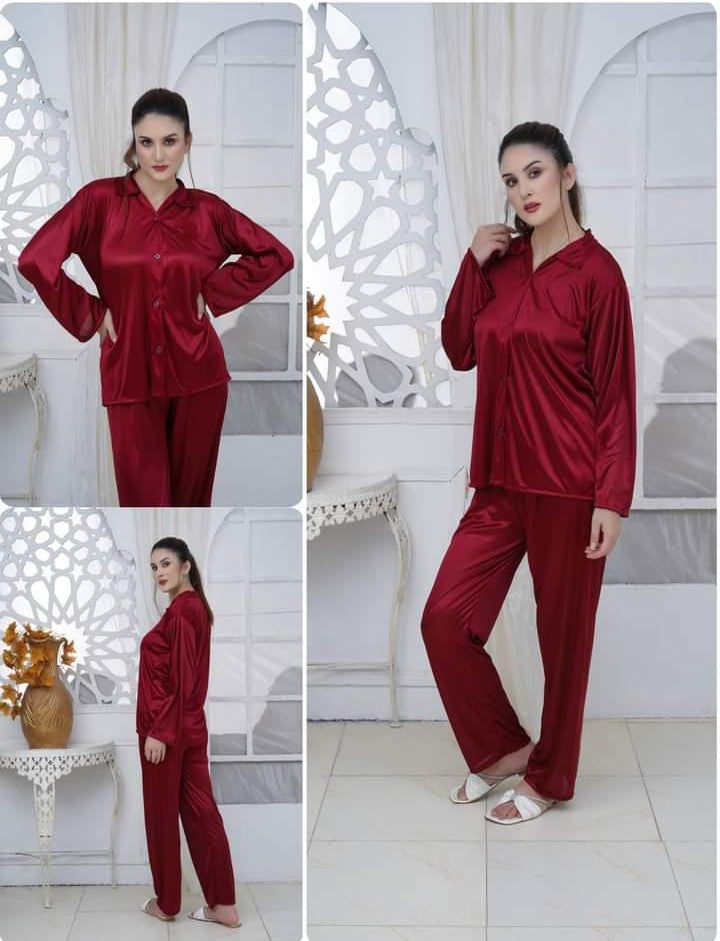 Full Sleeves Red Rose 100% Satin 2 Piece Nighty - Collar Look-Cover