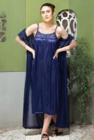 Luxury Attractive 2 Piece Honeymoon Long Night Dress - Blue-Front