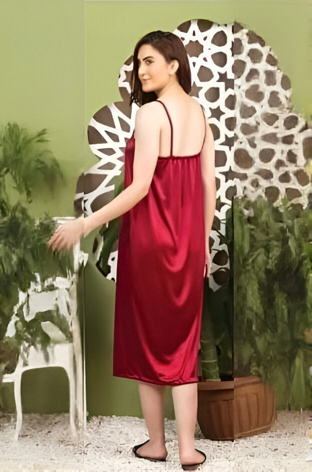 Maroon Bridal Silky Nighty Honeymoon wear - 2 Piece Gown Cami-Back