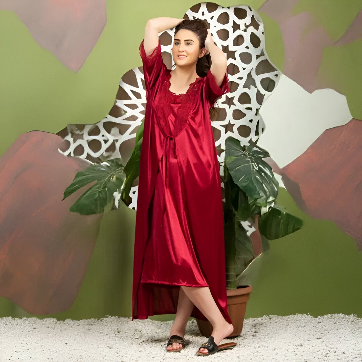 Maroon Bridal Silky Nighty Honeymoon wear - 2 Piece Gown Cami