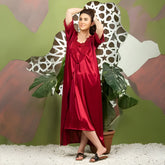 Maroon Bridal Silky Nighty Honeymoon wear - 2 Piece Gown Cami