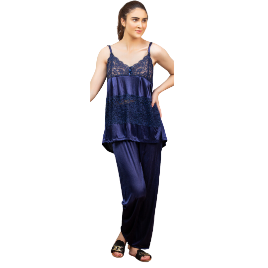 Ocean Breeze Blue Lace Camisole & Trousers Pajama Set for a Chic and Comfortable Night-Front