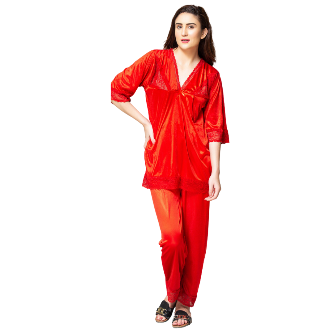 Radiant Romance Bridal Pulpy Orange Long Camisole & Gown Night Dress for a Dreamy and Luxurious Look-Front