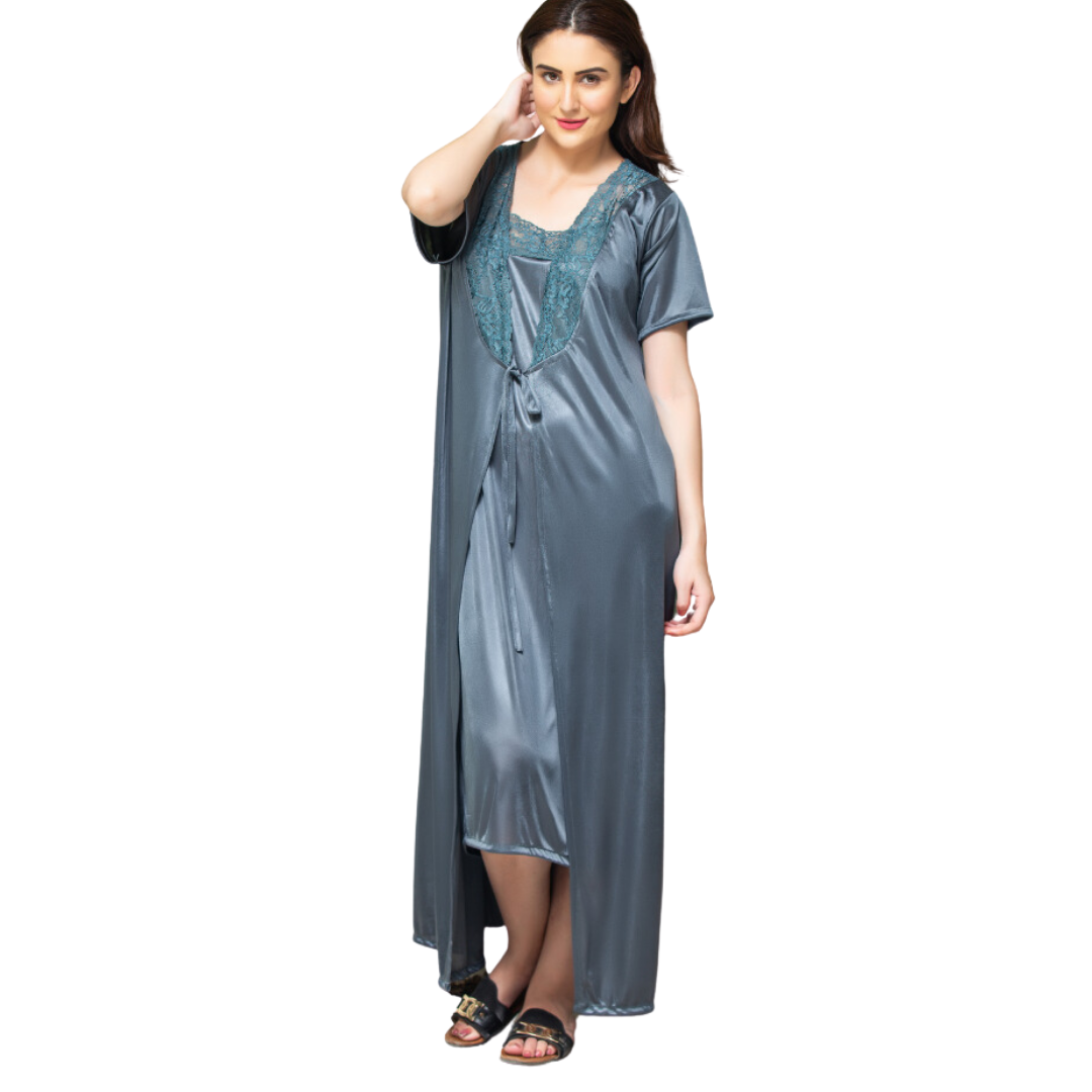 Soft Sophistication Grey Silky Long Camisole & Gown Night Dress for a Luxurious and Comfortable Evening.-Front