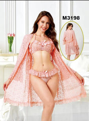 Sexy See Through Transparent Gaon & Bra Panty Set