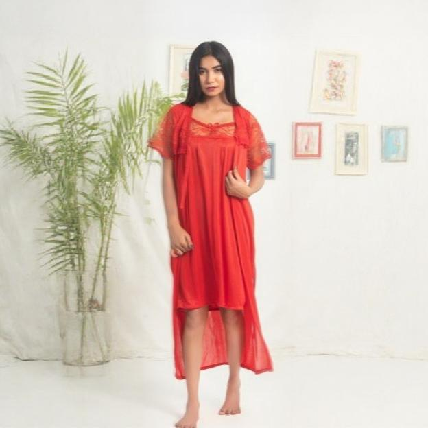 6 Pieces All in One Bridal Cozy Silky Smooth Rose Nighty-Front