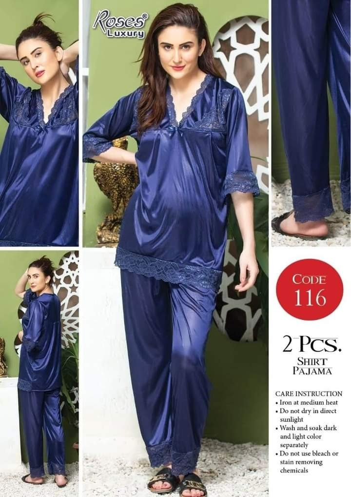 Blue Attractive Lace Half Sleeves Shirt & Trousers Night Dress