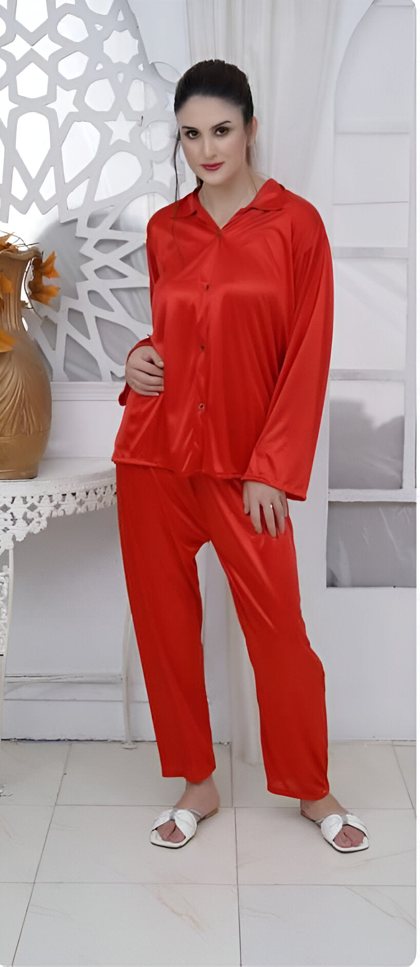 Casual Red Orange Nighty Full Sleeves Shirt & Pajama Nighty-Front