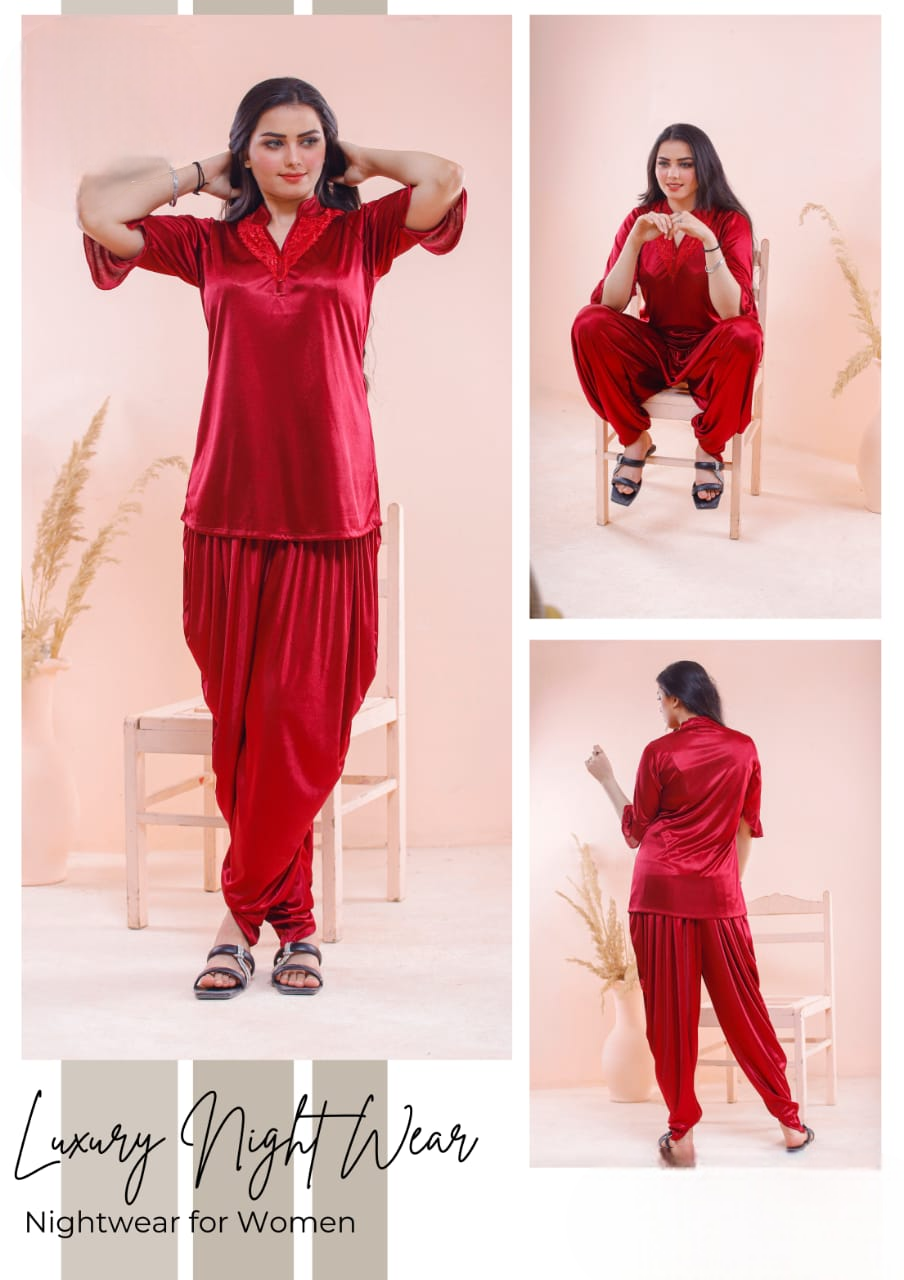 Deep Neck Nighty with Beutiful Border Design Short - 2 Piece