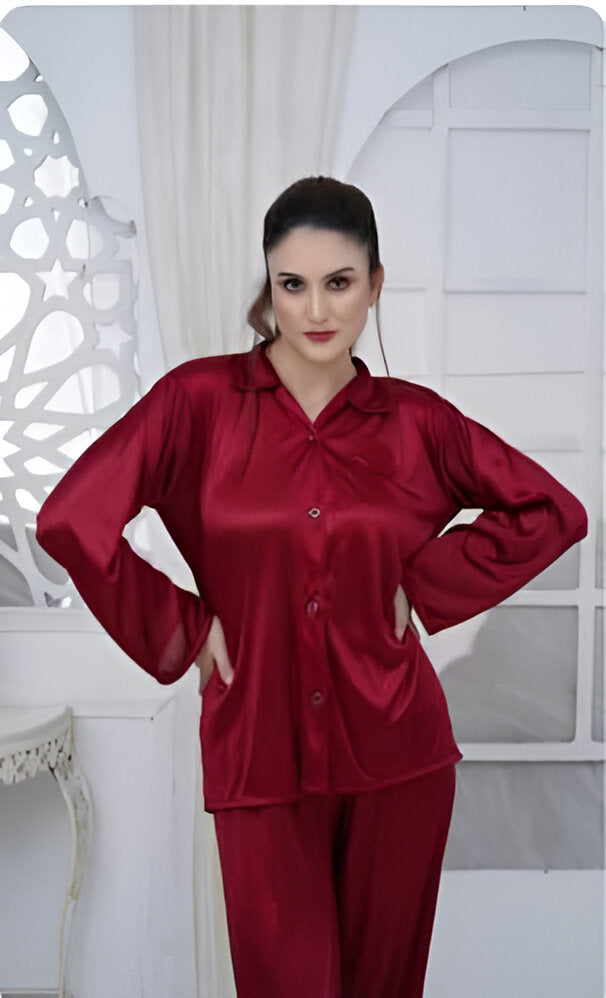 Full Sleeves Red Rose 100% Satin 2 Piece Nighty - Collar Look-Front