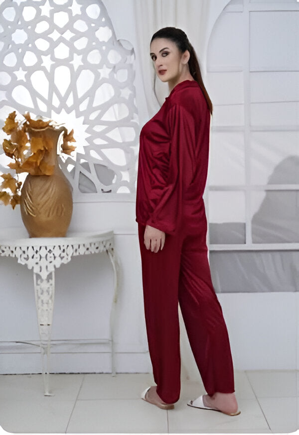 Full Sleeves Red Rose 100% Satin 2 Piece Nighty - Collar Look-Side Look