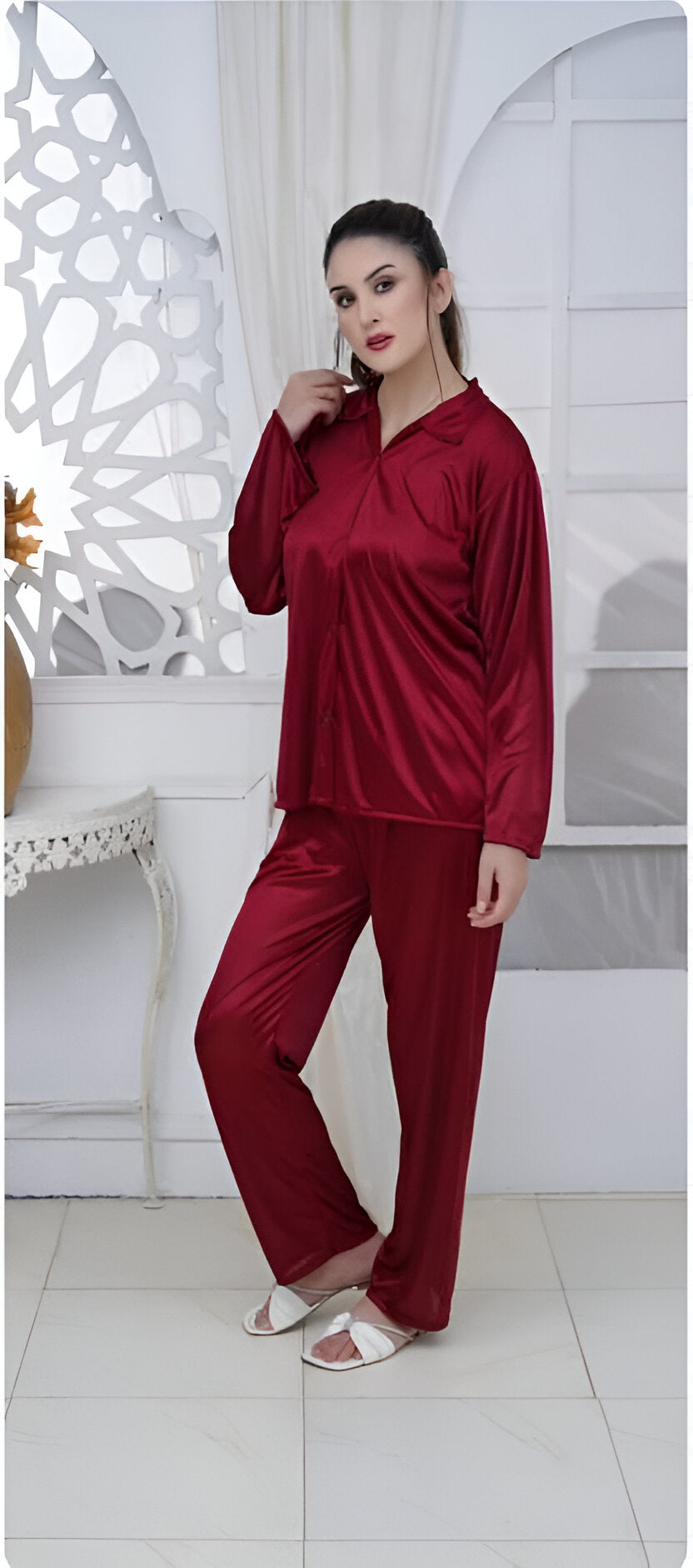 Full Sleeves Red Rose 100% Satin 2 Piece Nighty - Collar Look