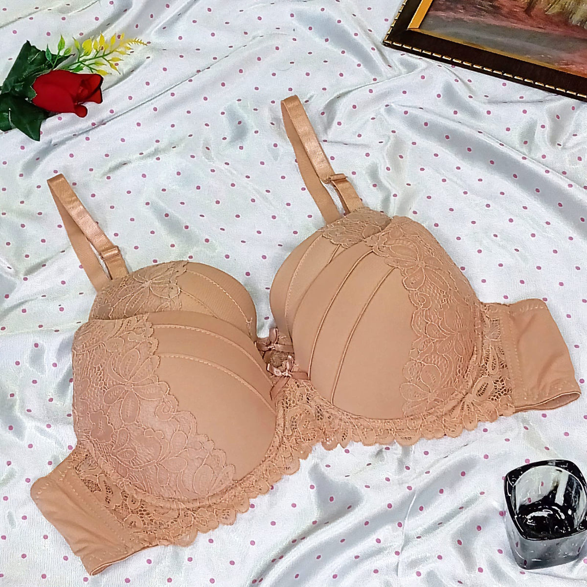 Cream Padded Bra With Amazing Flower Design