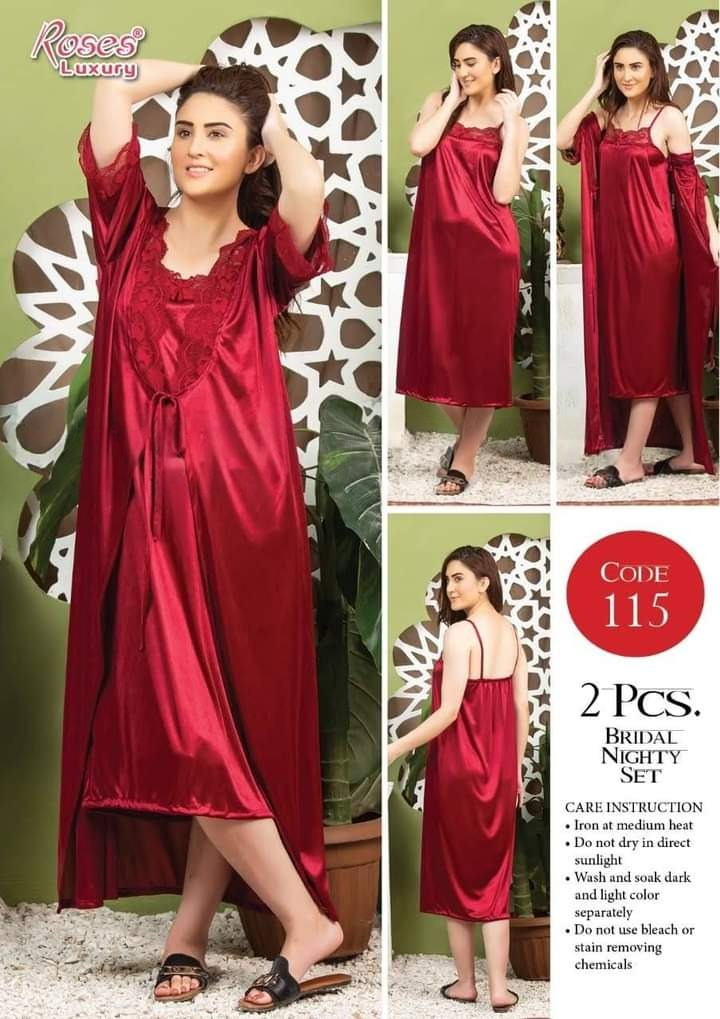 Maroon Bridal Silky Nighty Honeymoon wear - 2 Piece Gown Cami-Cover