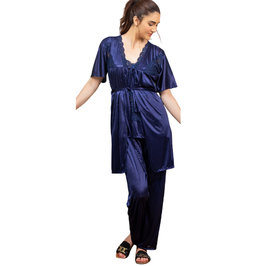 Ocean Breeze Blue Lace Camisole & Trousers Pajama Set for a Chic and Comfortable Night-Gown