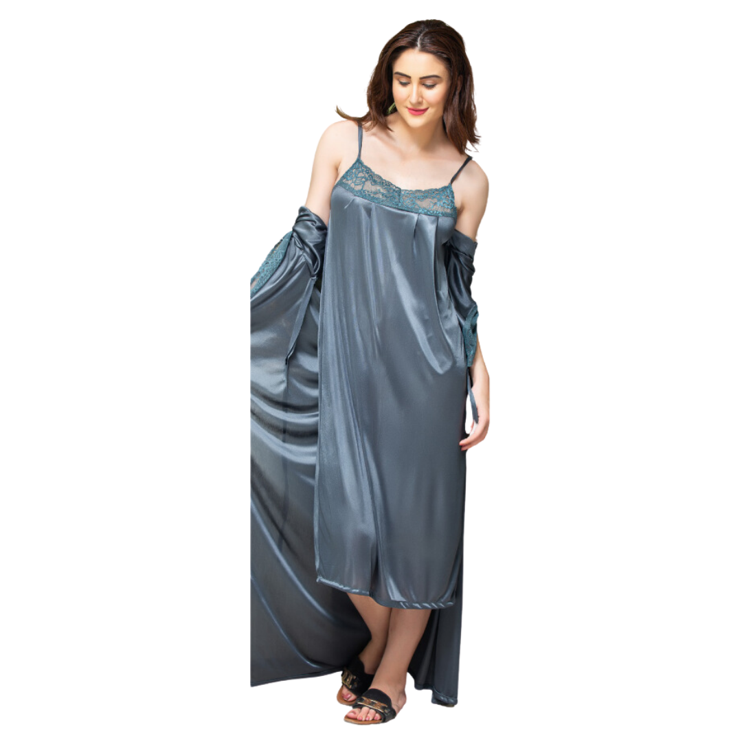 Soft Sophistication Grey Silky Long Camisole & Gown Night Dress for a Luxurious and Comfortable Evening.-Model