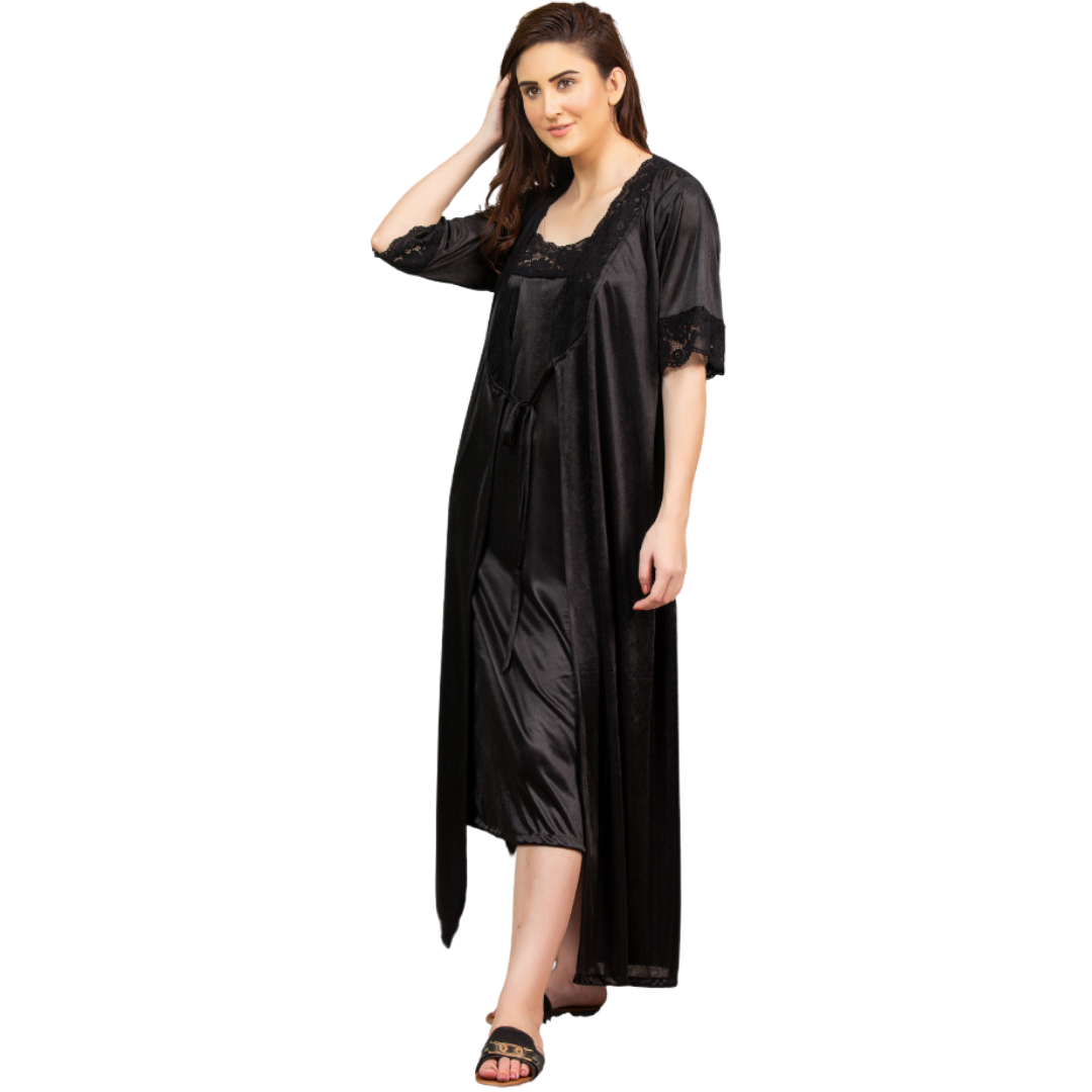 Timeless Glamour Bridal Black Camisole & Gown Lace Night Dress for a Bold and Elegant Statement-Front