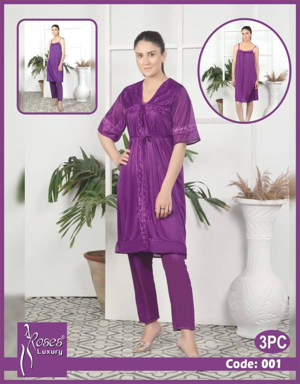 Purple 3 Piece Night Dress | Double Style