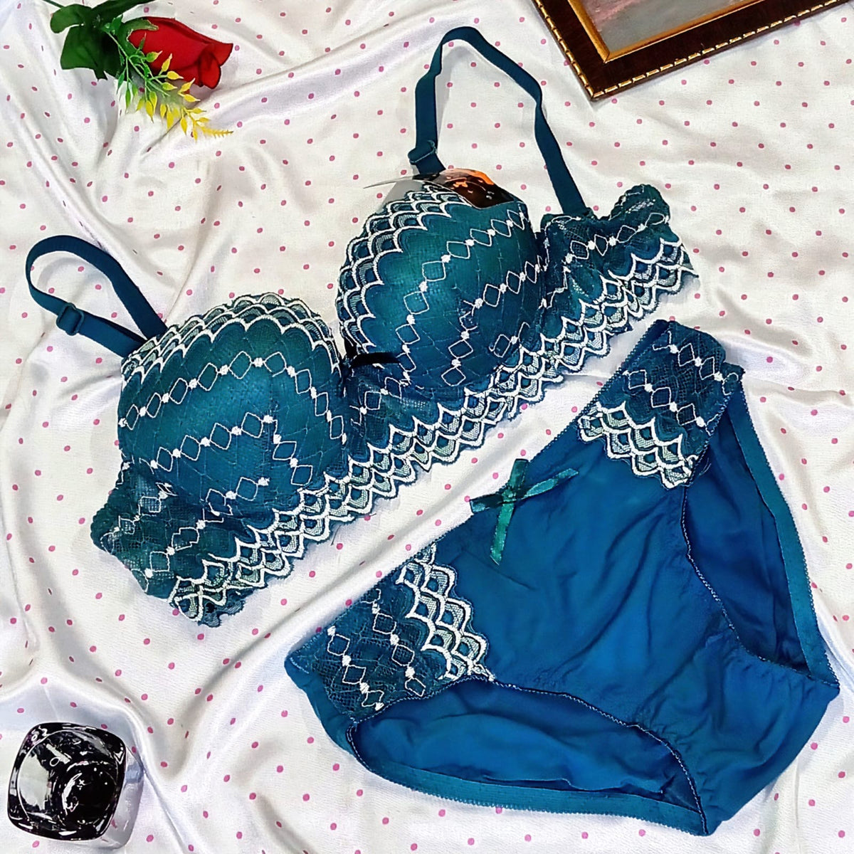 Charming Sky Blue Lace Bra and Panty Set - Effortless Elegance and Comfort